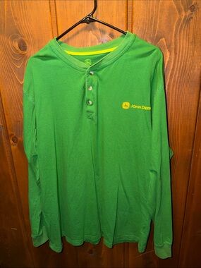John Deere Green Long Sleeve Crewneck Henley with Yellow Logo
